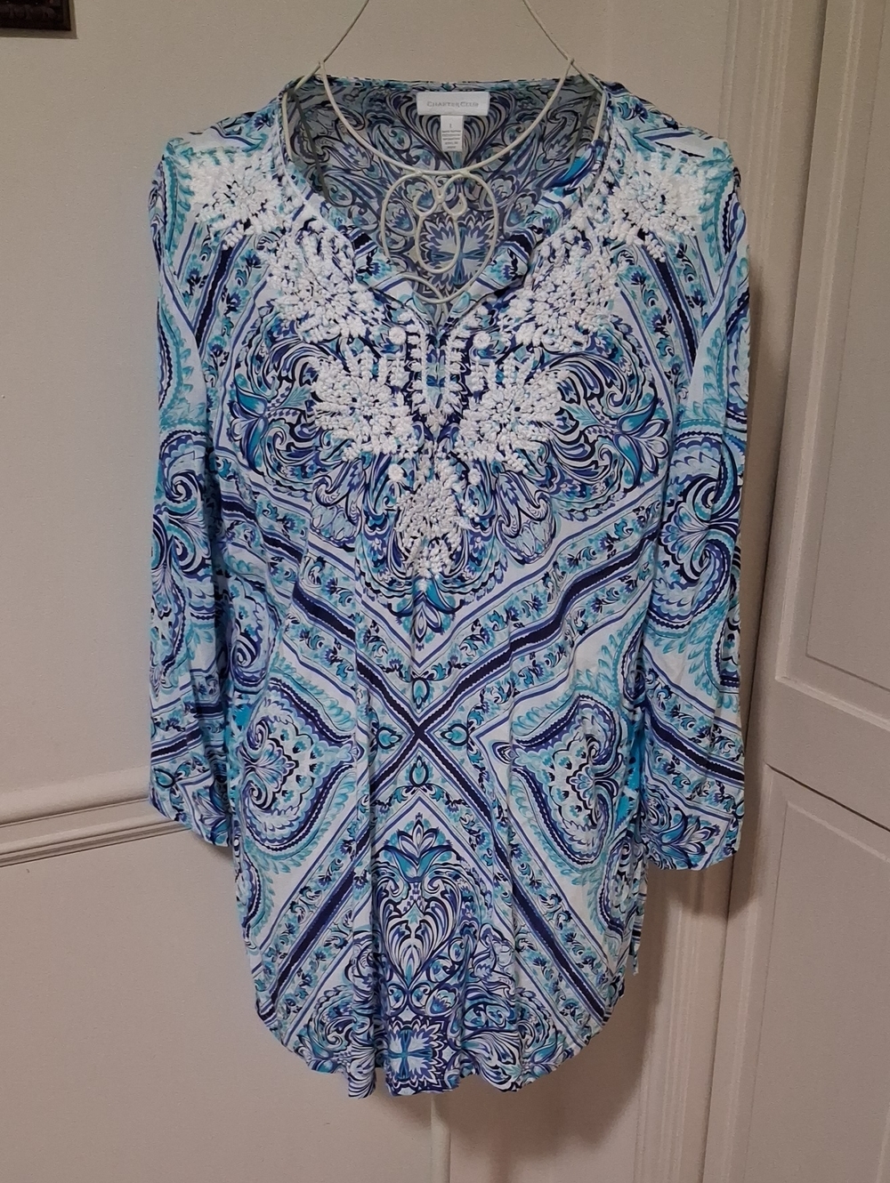 Charter Club Blue and Aqua Paisley Embroidered Tunic